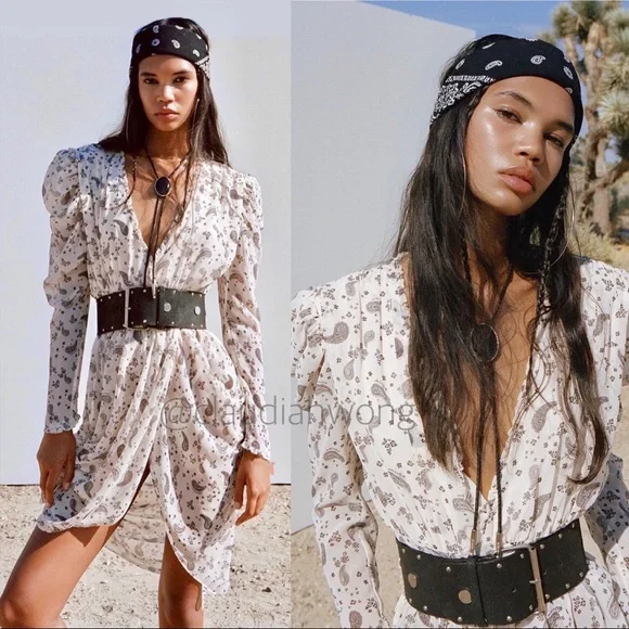 FOR LOVE & LEMONS Sand Paisley Long Sleeve Midi Dress in White